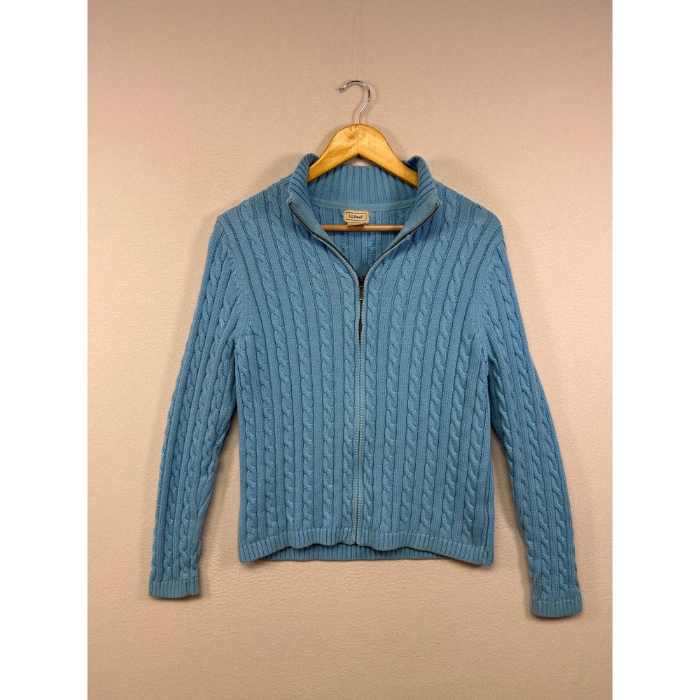 Preppy L.L.‎ Bean Womens M Blue Cable Knit Full Zip Mock Neck Cotton Sweater